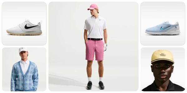 A man wearing a pink hat and white polo shirt