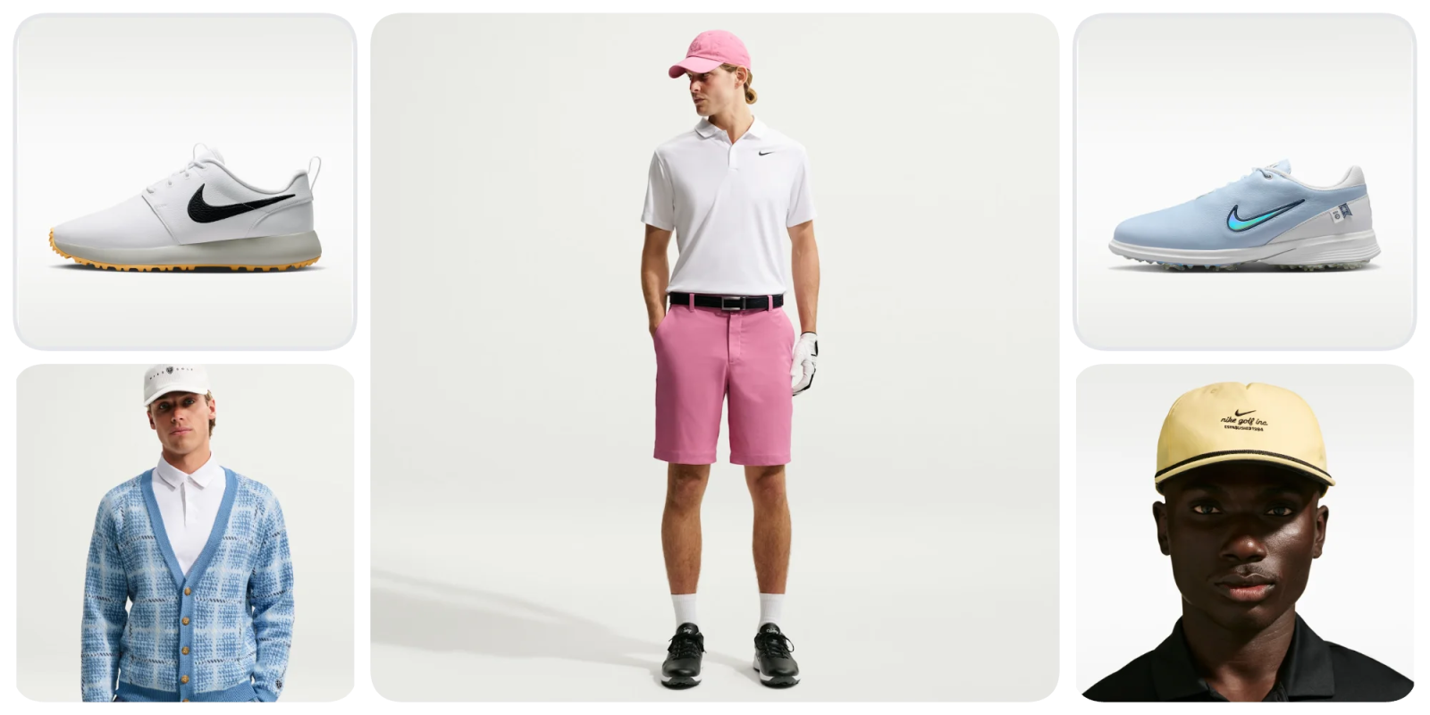 A man wearing a pink hat and white polo shirt