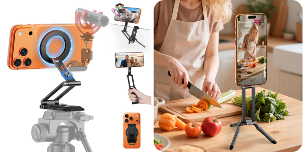 A woman cutting vegetables with a microphone