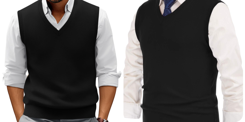 A collage of a man wearing a vest