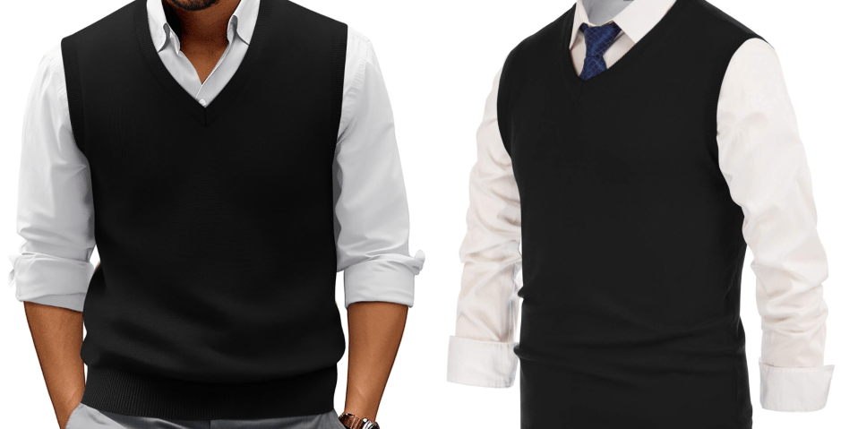 A collage of a man wearing a vest