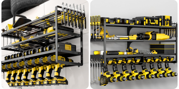 A black and yellow tool shelf