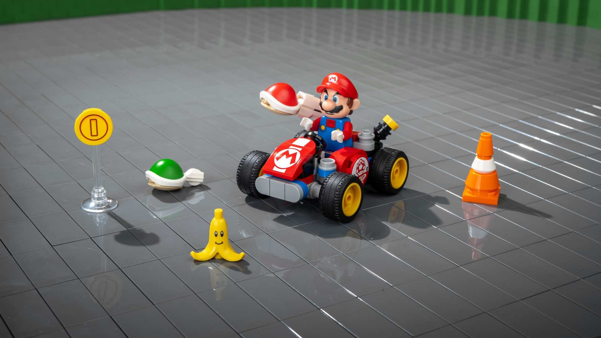 A toy car on a tile floor