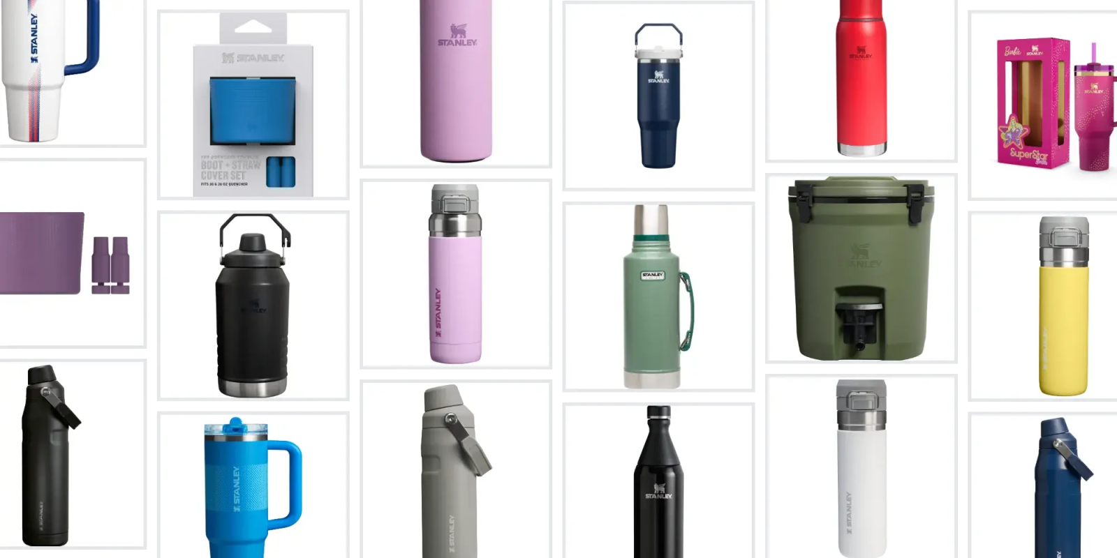 A collage of different colored water bottles