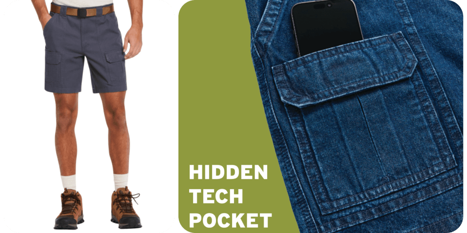 A man's legs and shorts with a phone in the pocket
