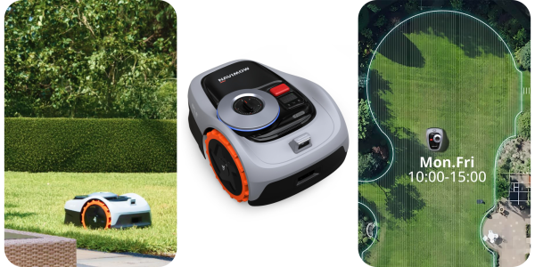 A collage of a robot lawnmower