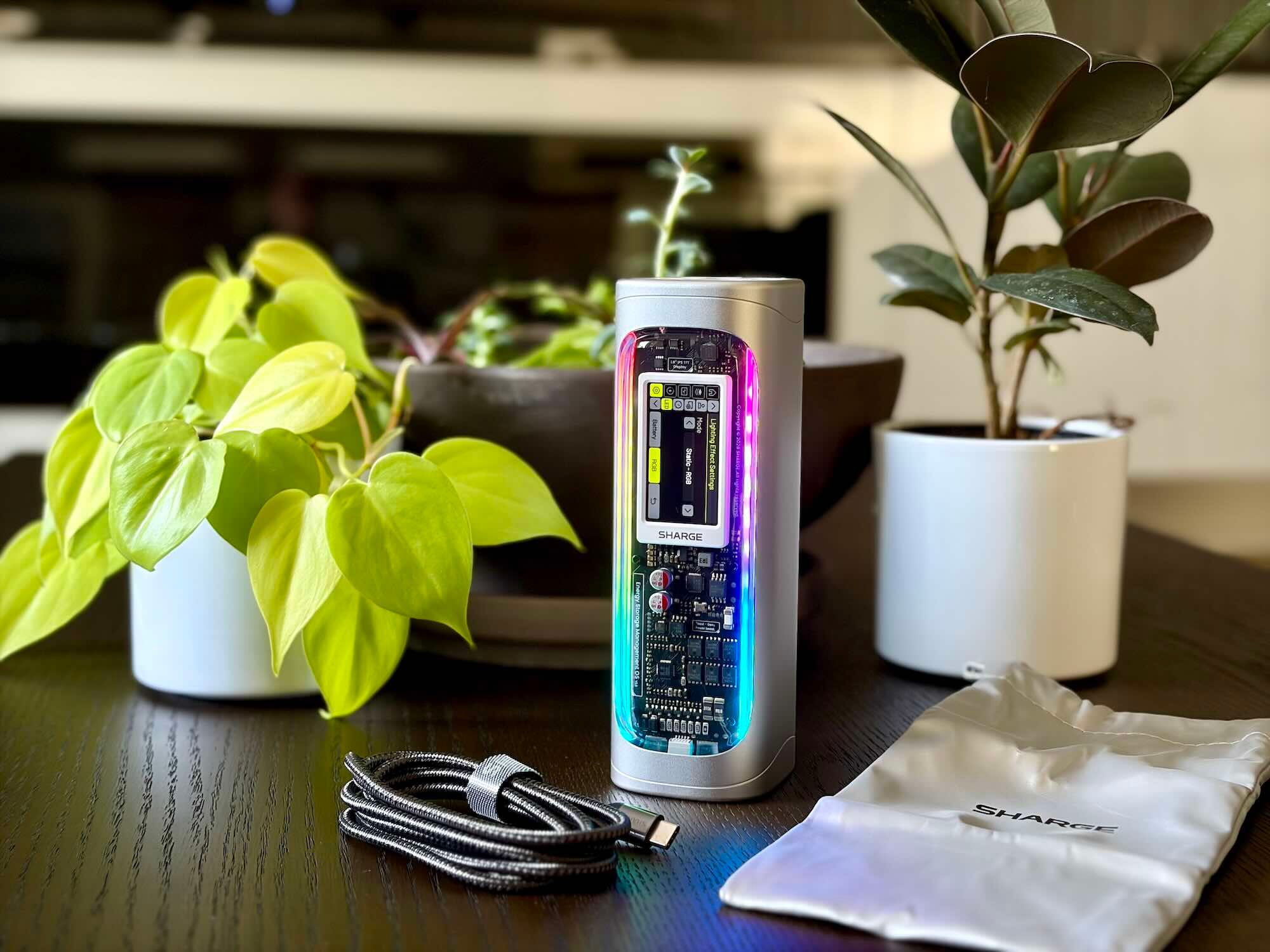 A device with a colorful display on a table