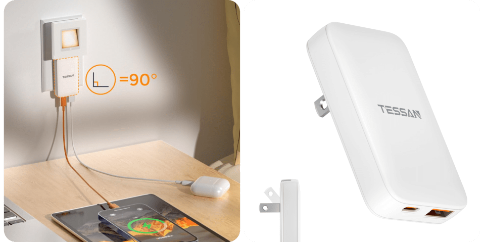 A white rectangular device with a charger on a table