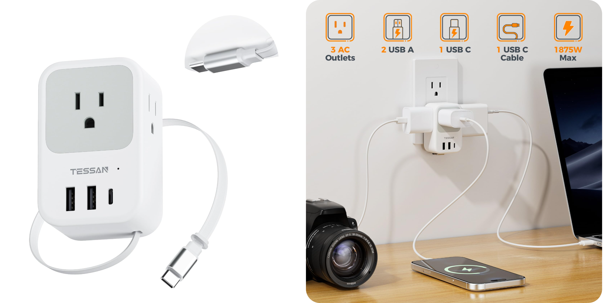 Retractable USB-C cable headlines TESSAN’s 7-in-1 outlet extender down at $16