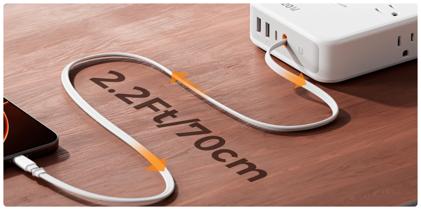 A white power cord with orange arrows