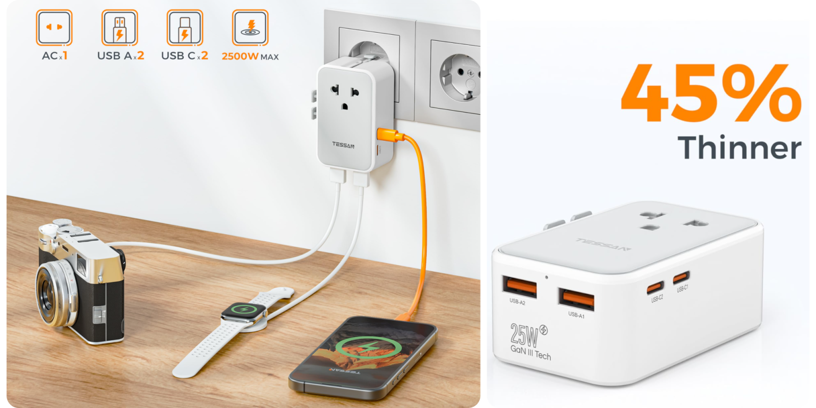 A phone and power outlet with a charger plugged into it