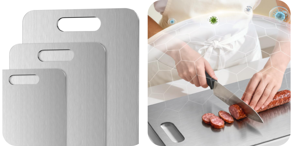 A cutting board with a knife and a person cutting food