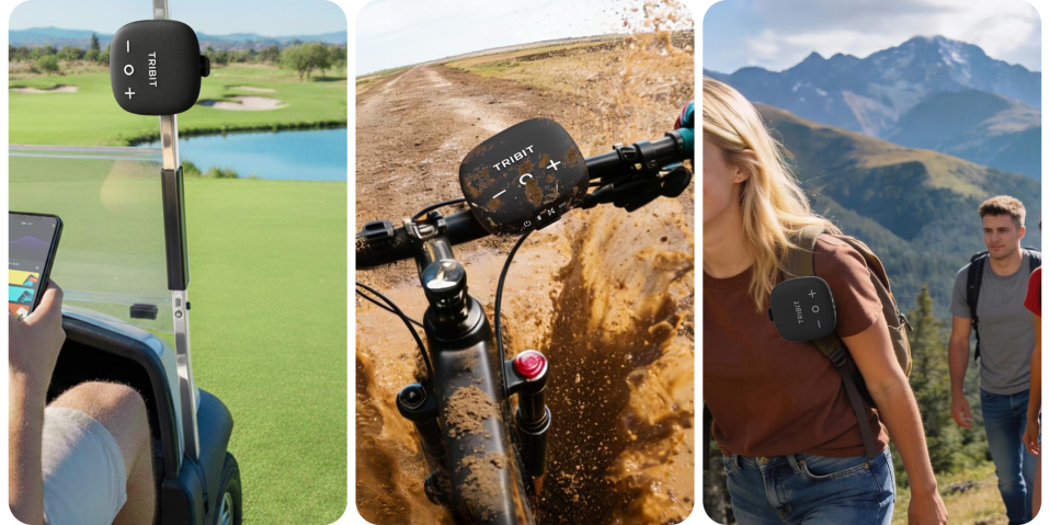 A collage of a woman riding a bike