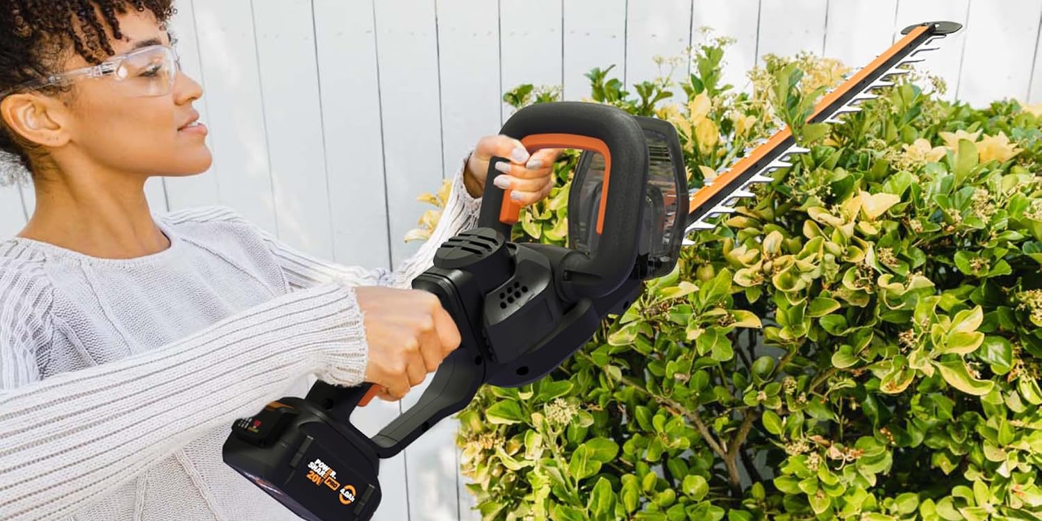 A person holding a hedge trimmer