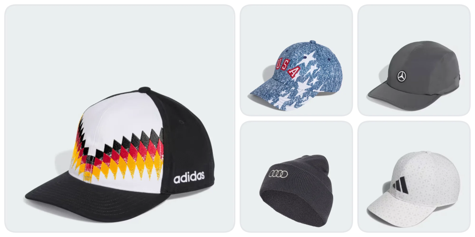 A collage of different hats