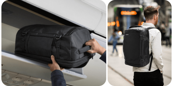 A person holding a black bag