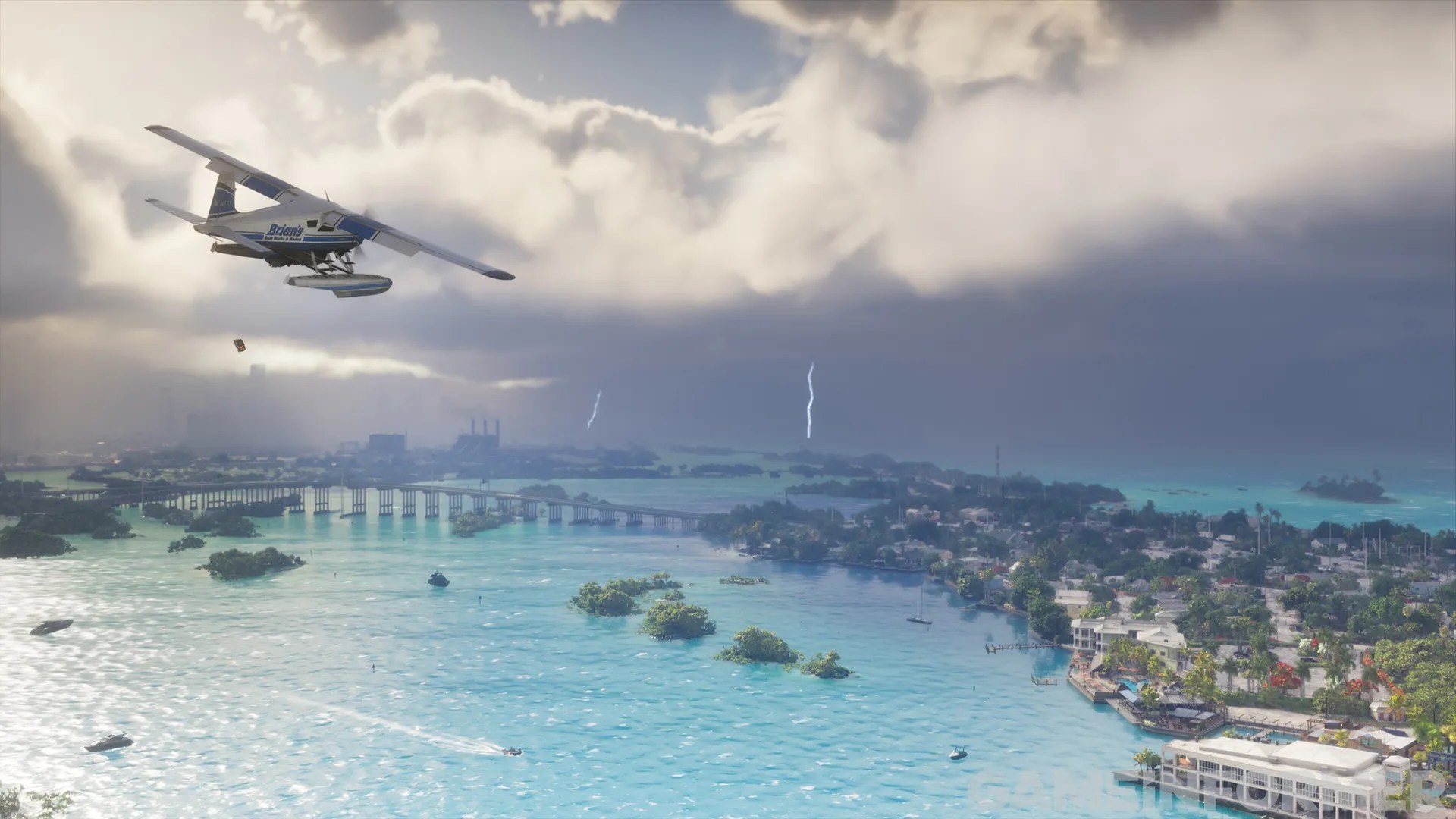 A seaplane flying over a body of water
