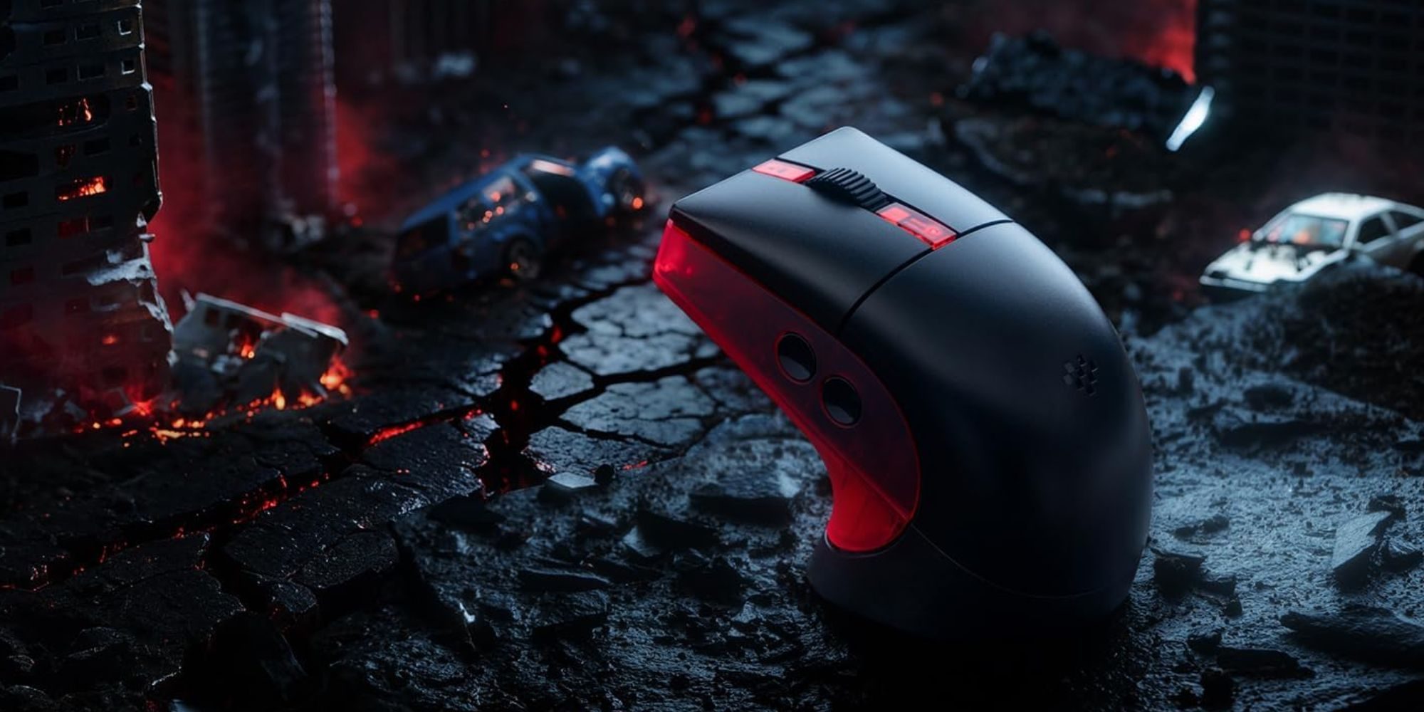 A computer mouse on a cracked ground with a toy car in the background