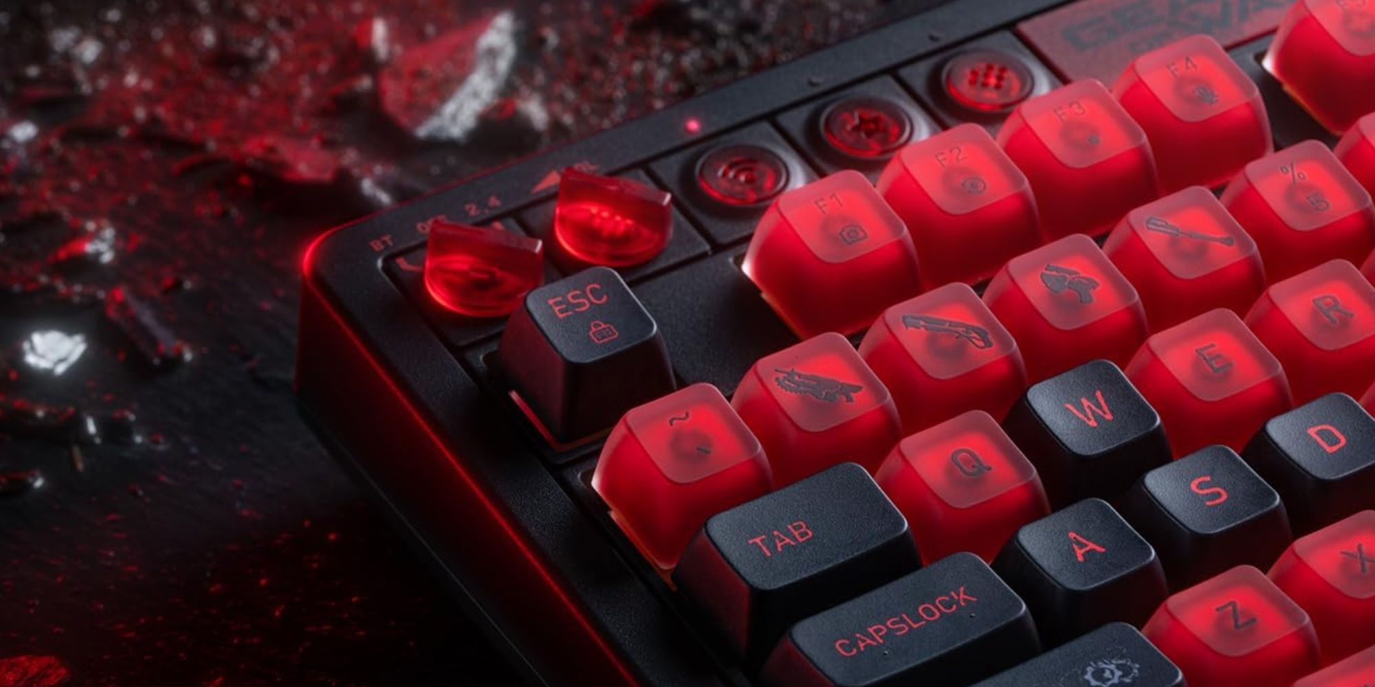 A keyboard with red lights