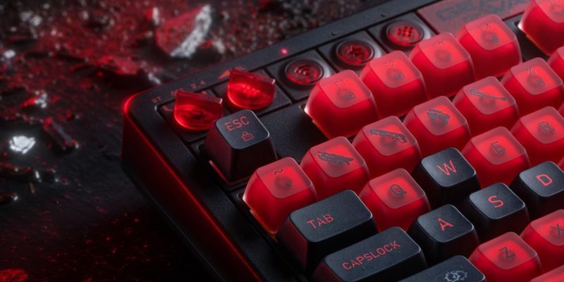A keyboard with red lights