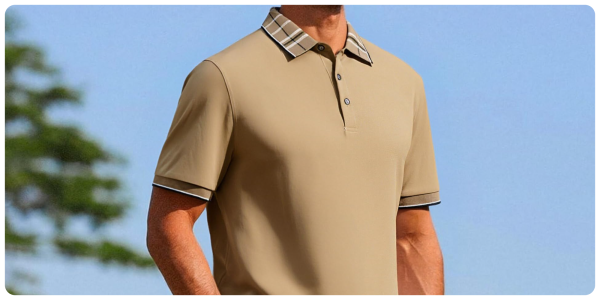 A man wearing a tan polo shirt