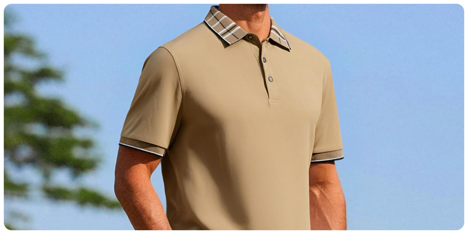 A man wearing a tan polo shirt