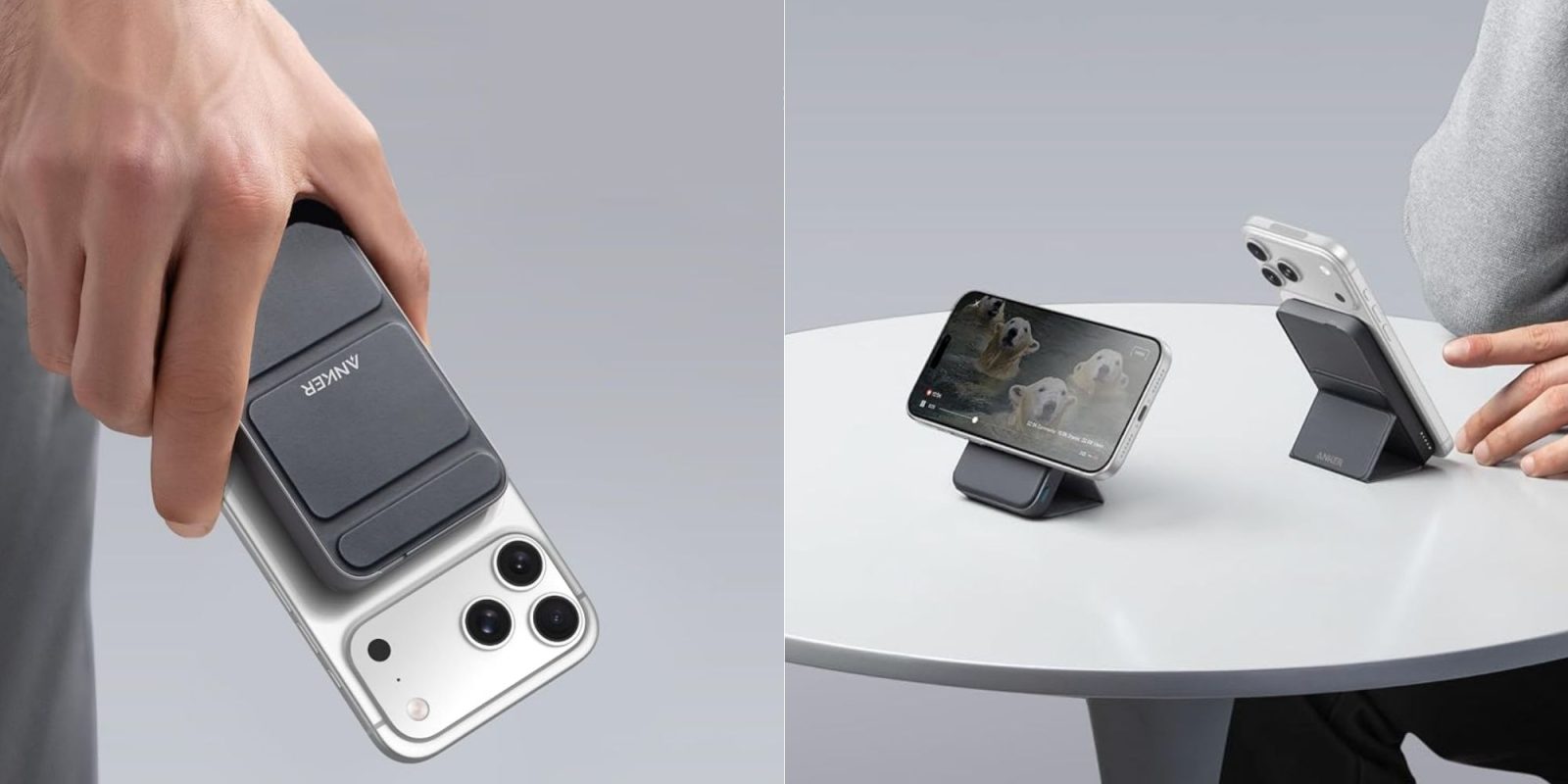 A hand holding a phone and a phone on a table