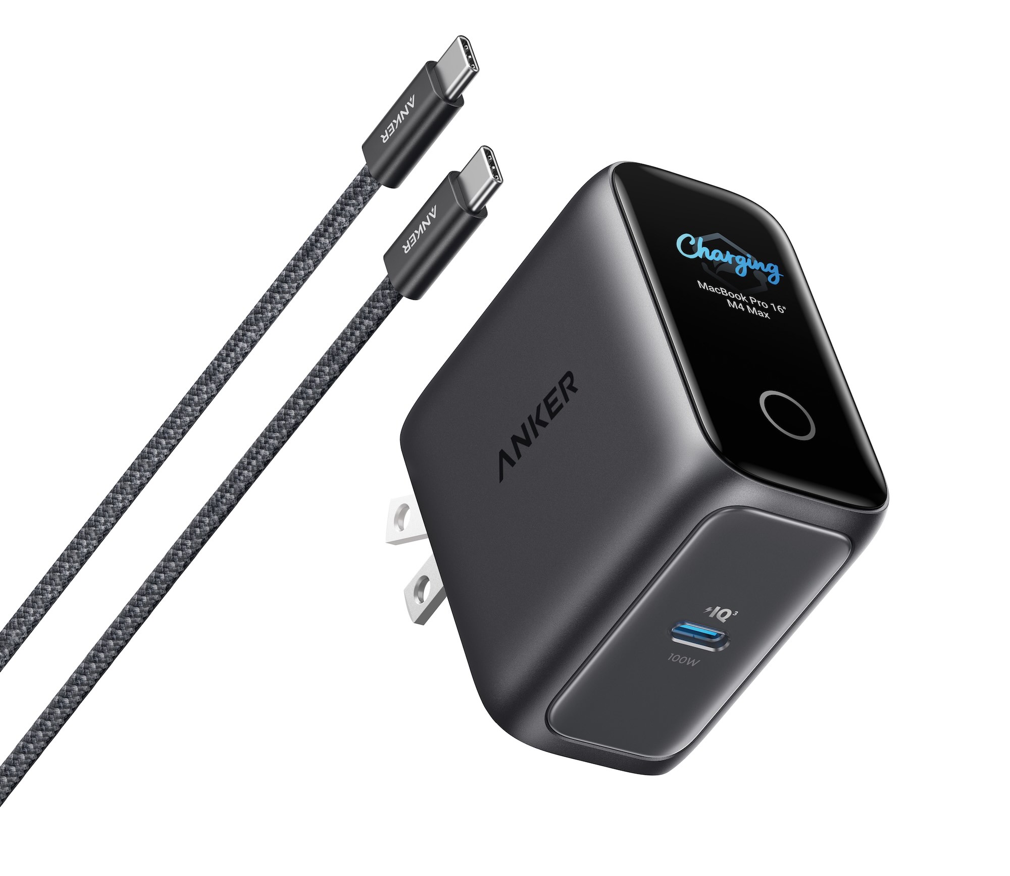 A black charging device with two cables