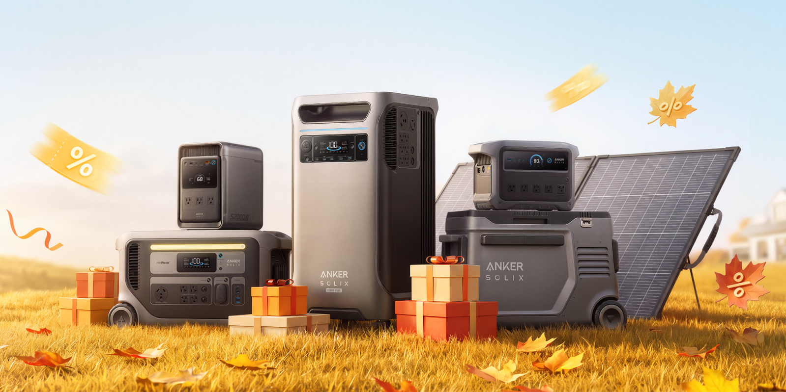 A group of grey electronic devices with presents on grass