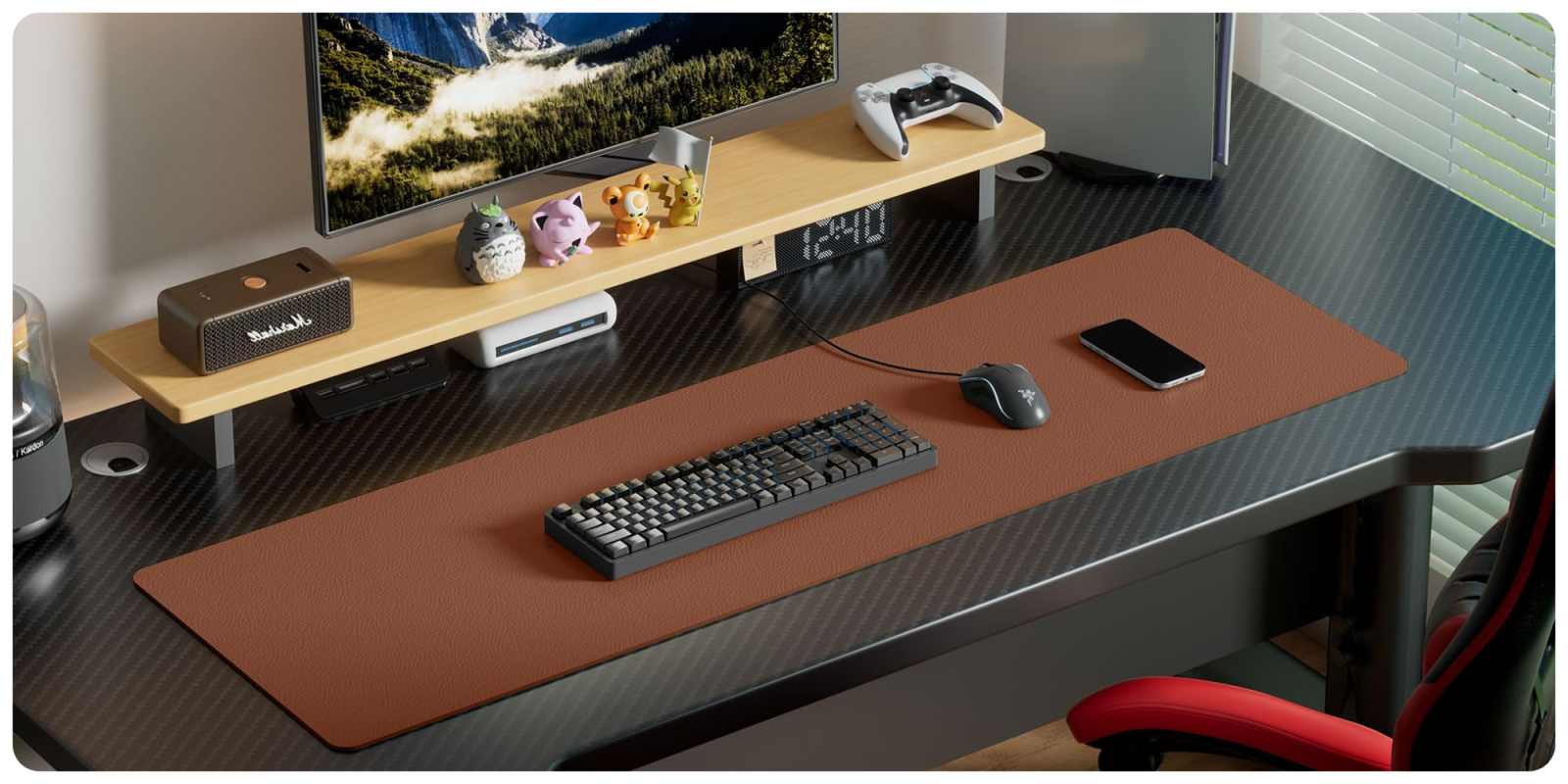 A desk with a keyboard and mouse and a mouse and a tv
