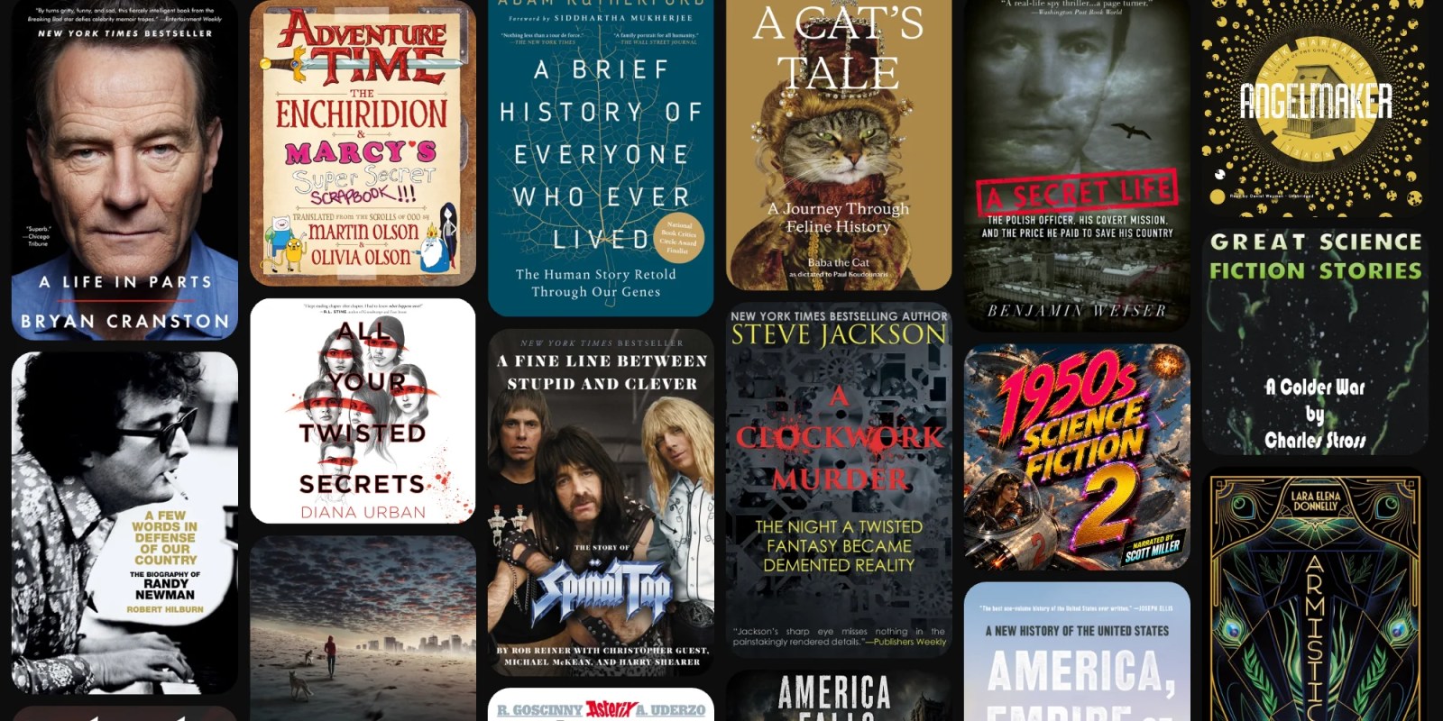 A collection of books with images of people and text