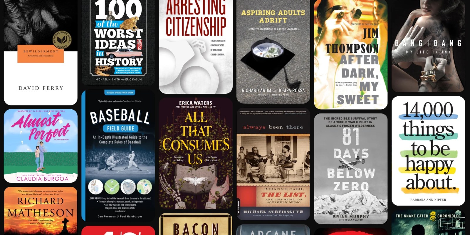 A collection of books on a black background