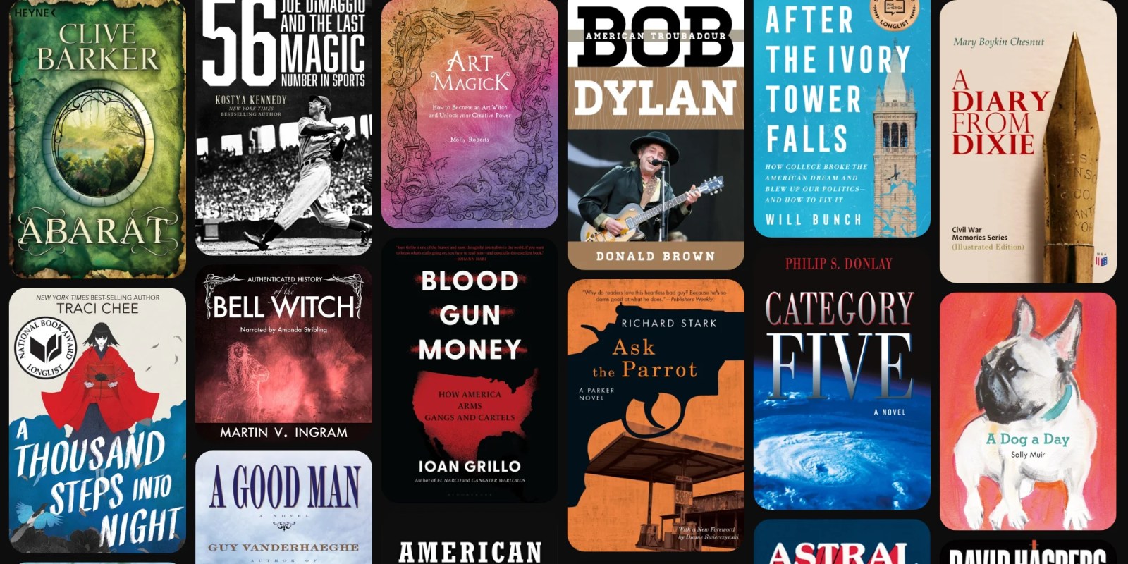 A collection of books on a black background