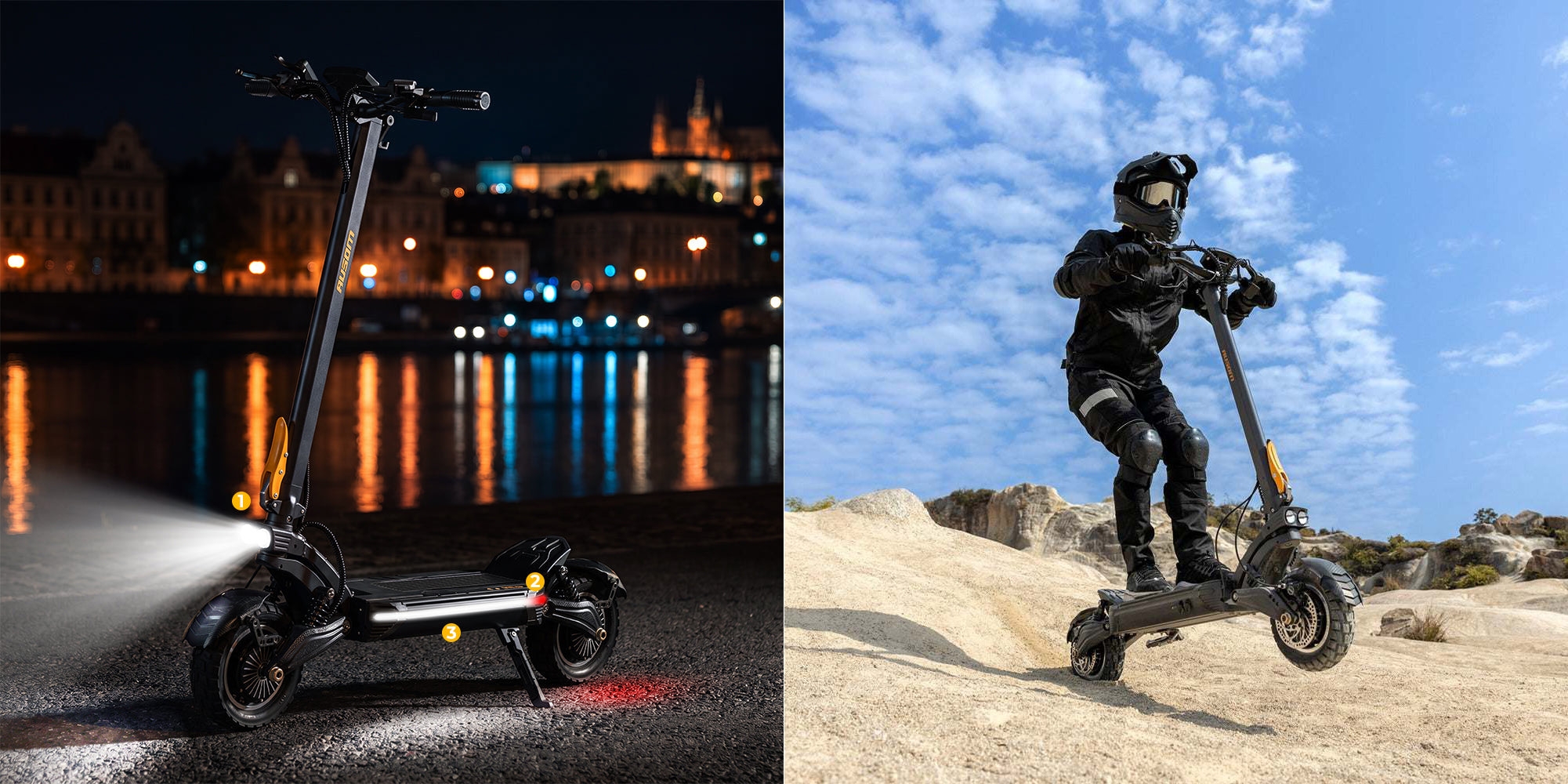 A man riding a scooter and a man standing on a scooter