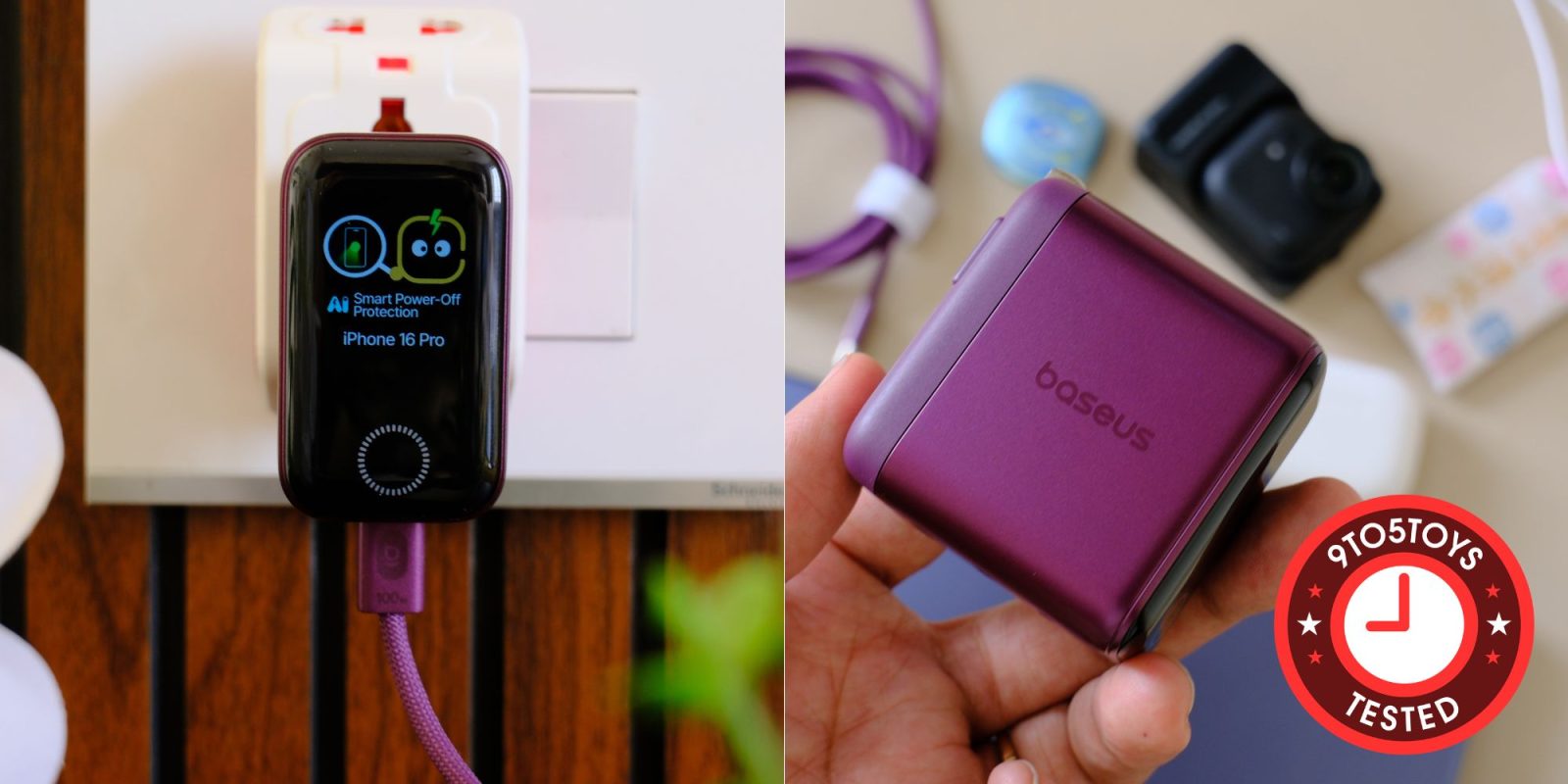 A hand holding a purple device