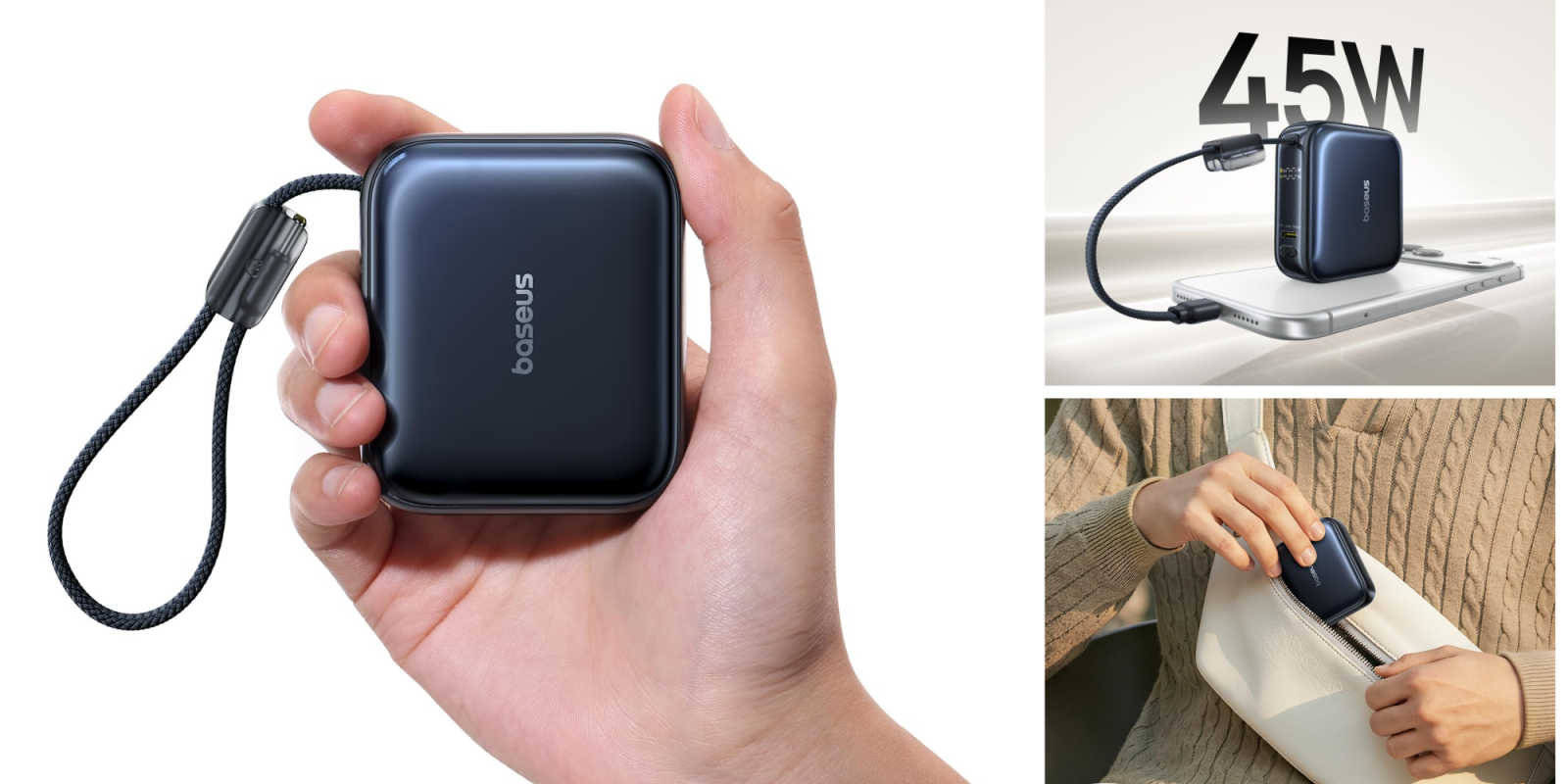 A hand holding a black square object