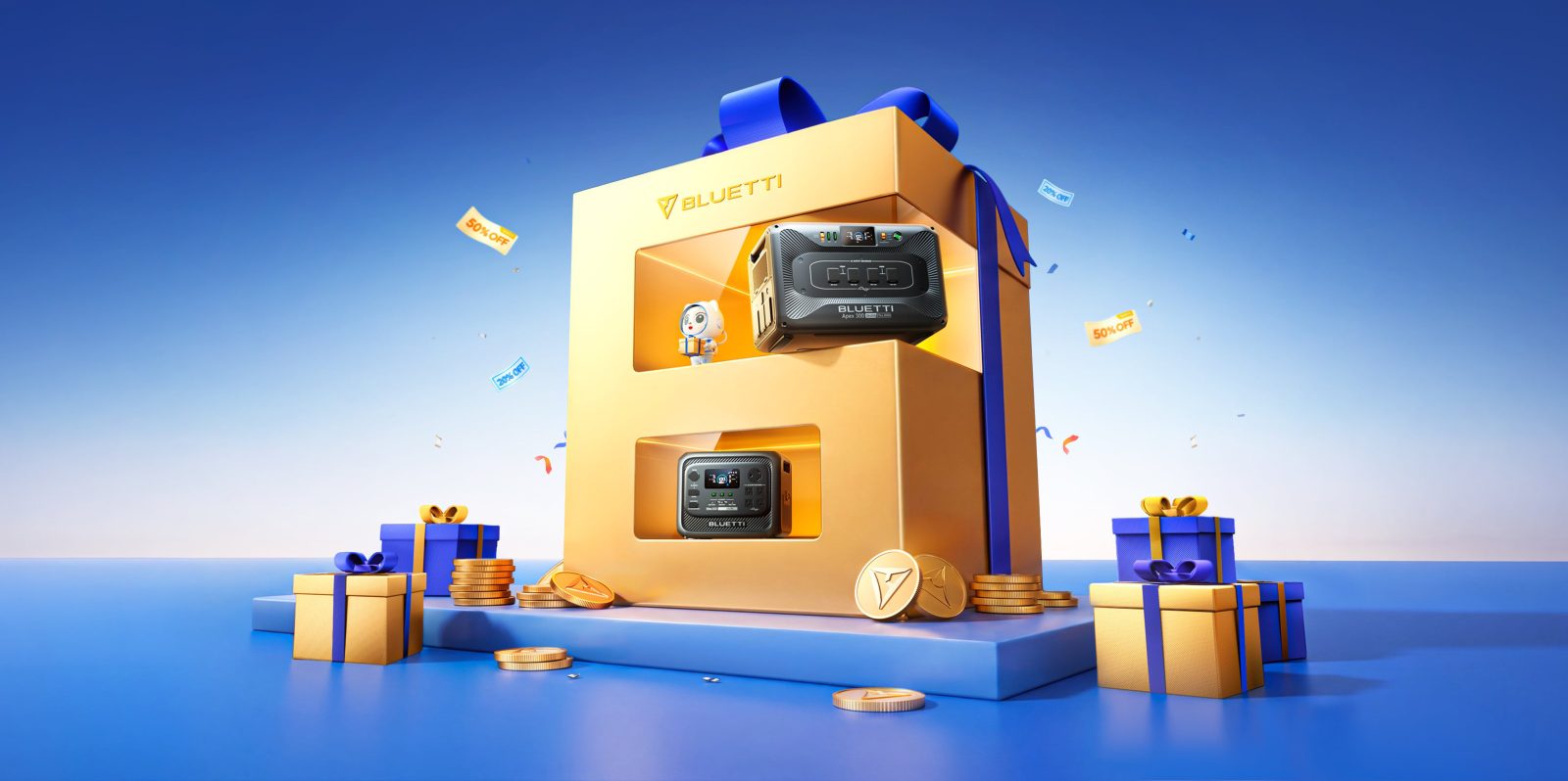 A gold box with a blue ribbon and a blue bow