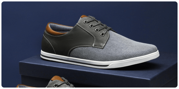 A pair of shoes on a blue box
