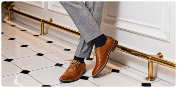 A person's legs wearing brown shoes and grey socks