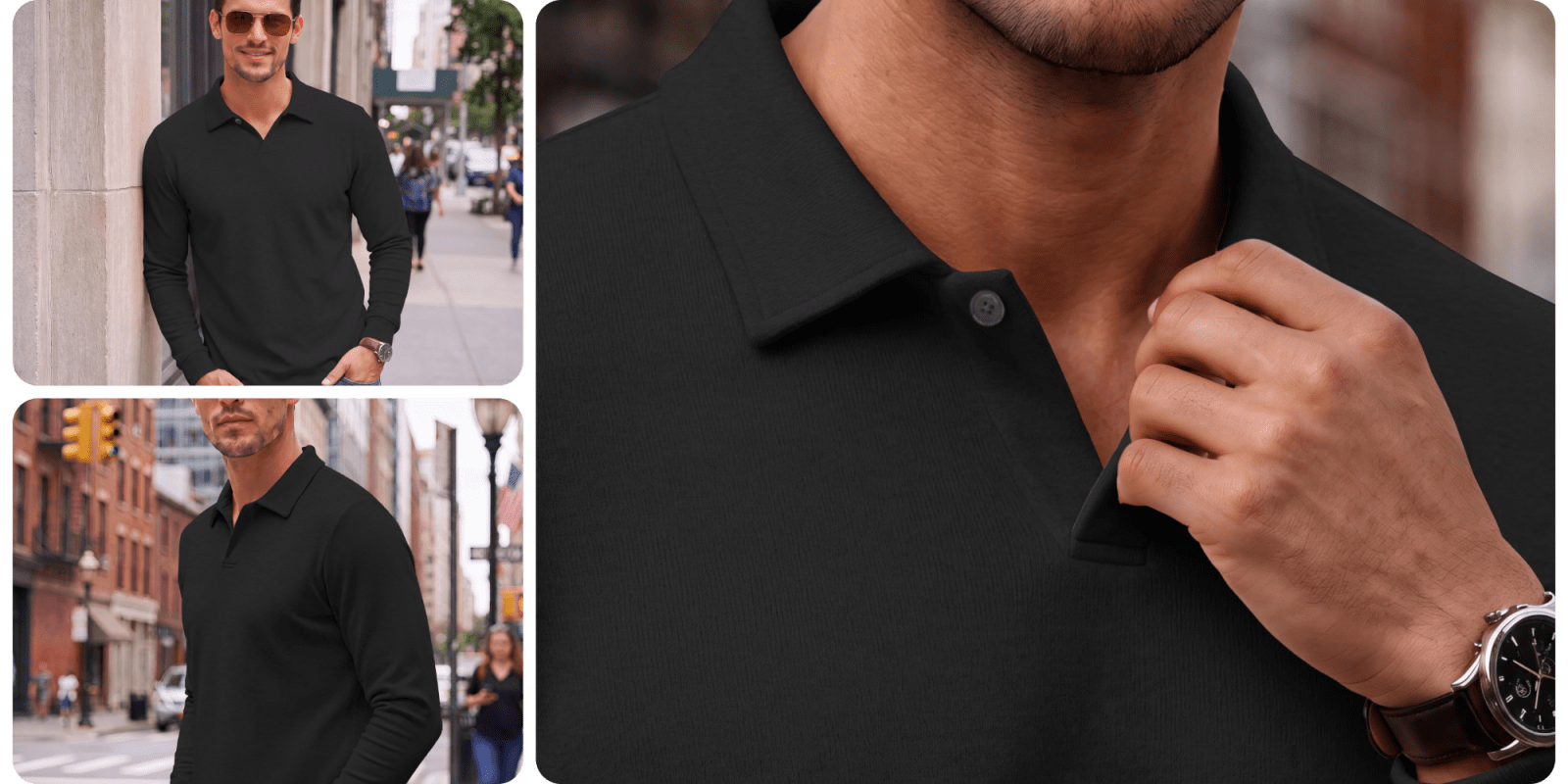 A collage of a man in a black shirt