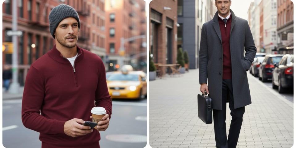 A collage of a man in a sweater and a hat