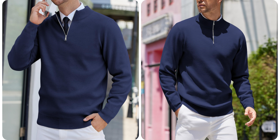 A collage of a man wearing a blue sweater