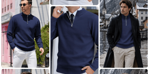 A collage of a man wearing a blue sweater