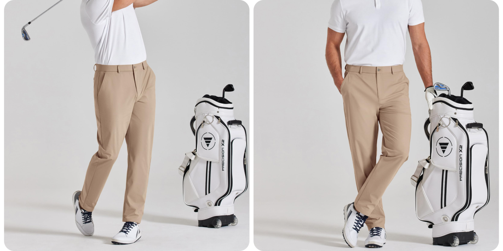 A man standing next to a golf bag