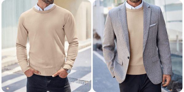 A collage of a man wearing a sweater and a jacket