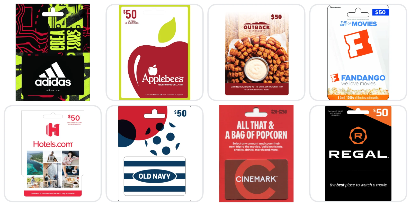 A group of gift cards