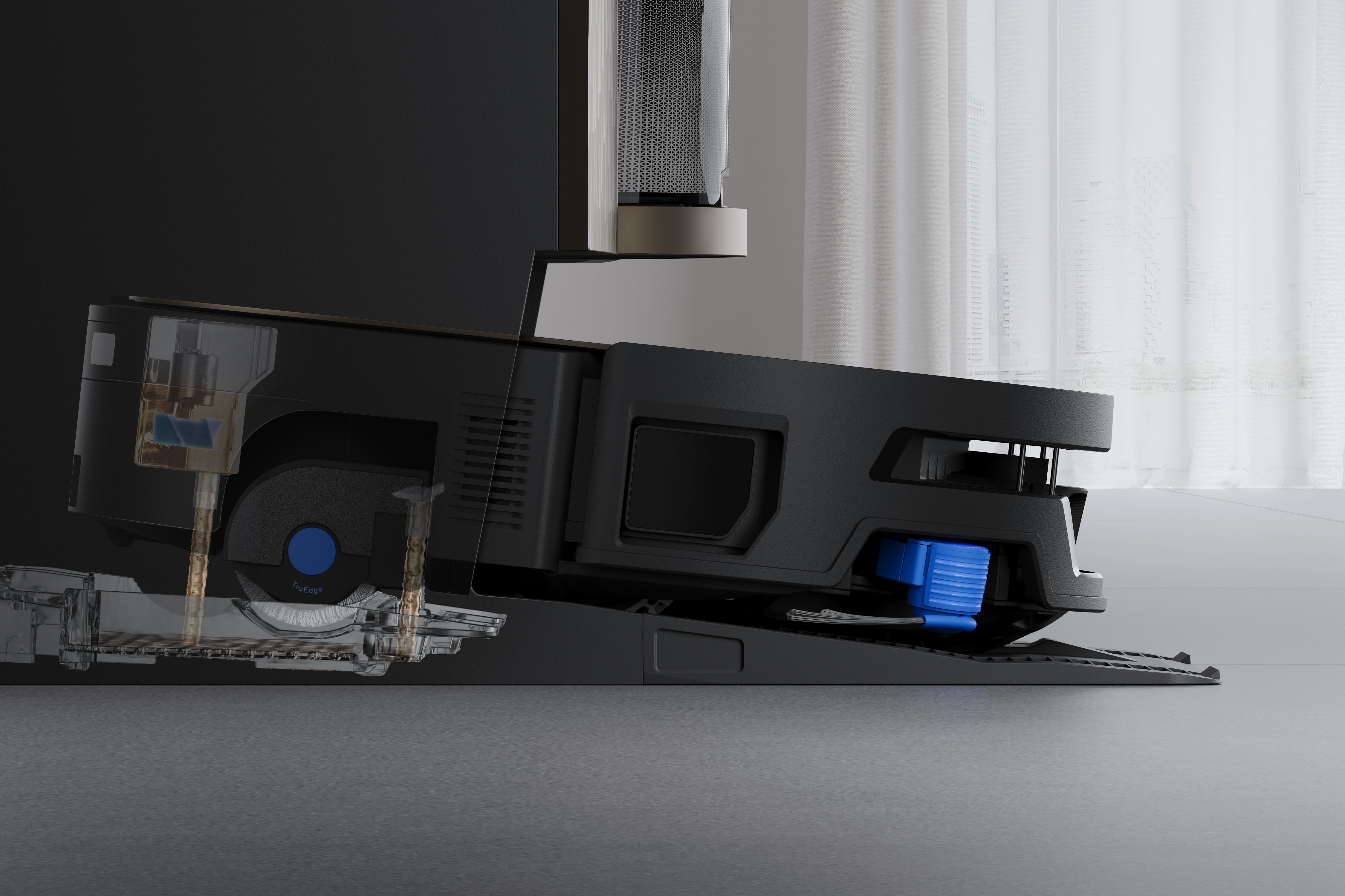 A black computer monitor with a blue wheel