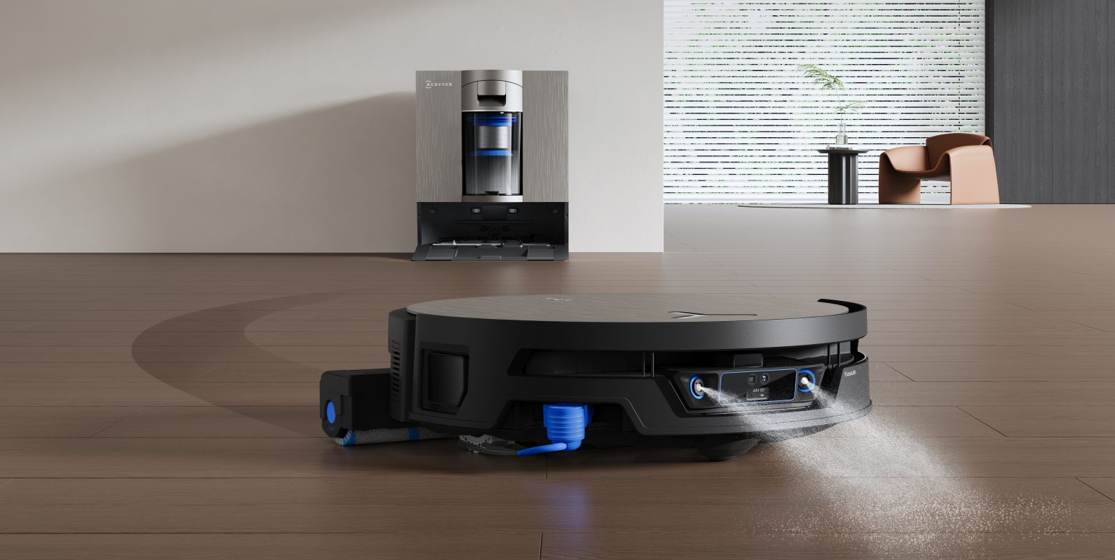 A robot vacuuming on a wood floor