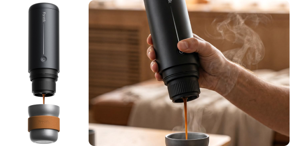 A hand pouring liquid into a cup