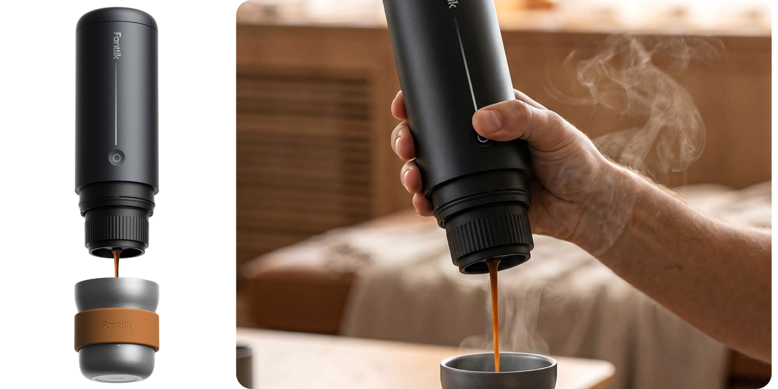 A hand pouring liquid into a cup